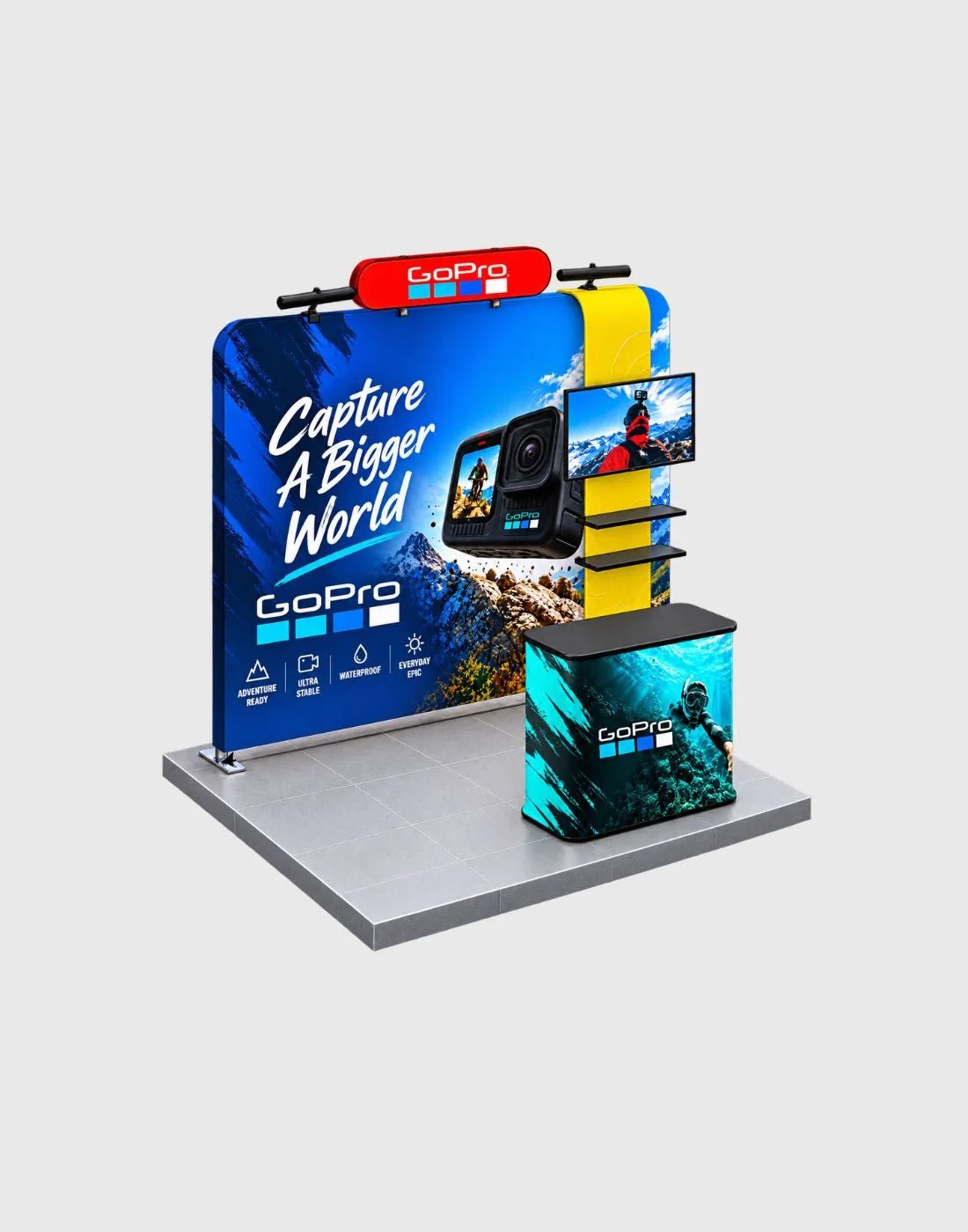 trade show booth with waterfall product display shelves