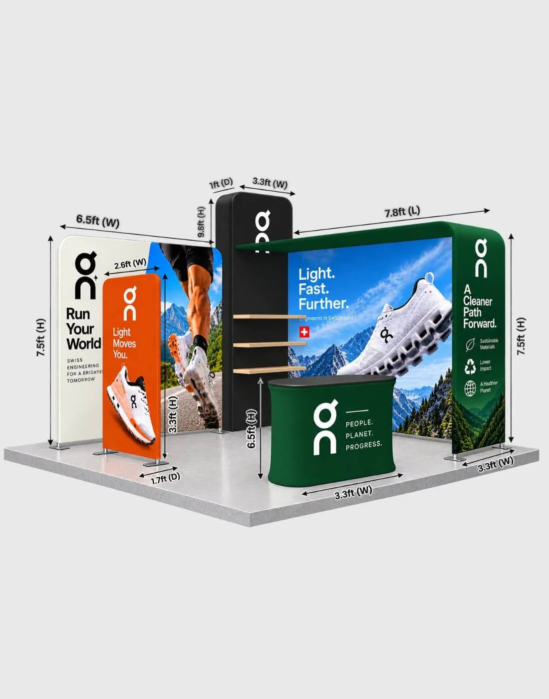 Trade show booth display with a dimensional 3D shelf wall