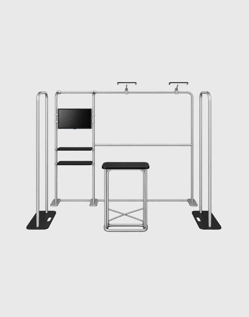 exhibition display with oval counter and TV shelf aluminum frame