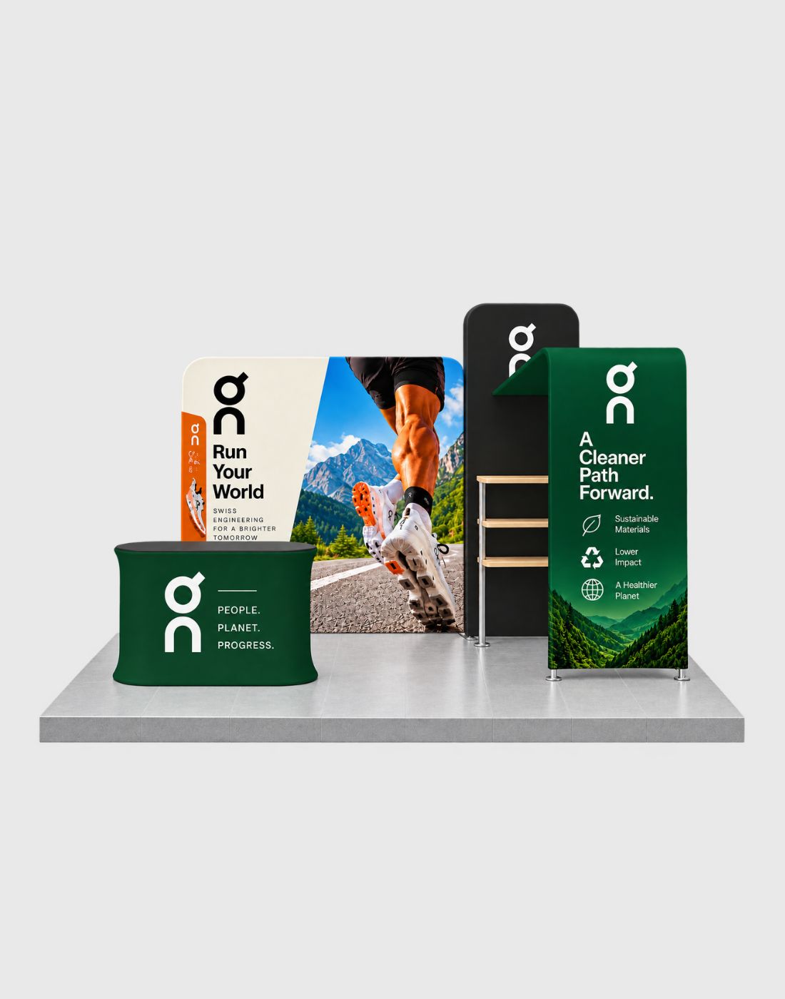 trade show booth kit with 3D shelf wall and counter