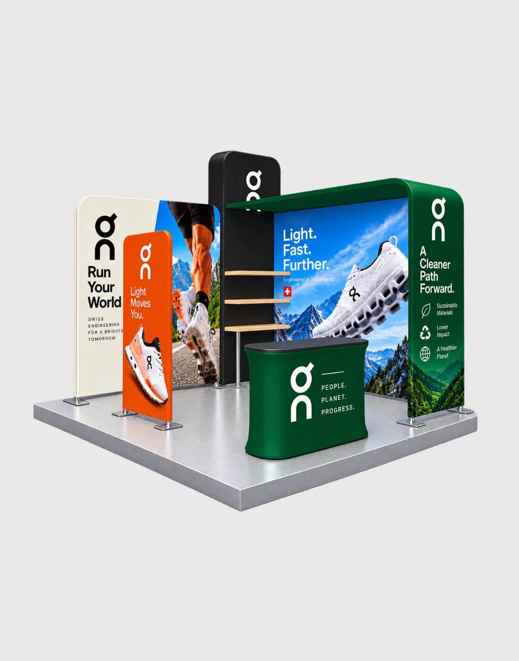 L-arch product display booth with built-in shelving and counter