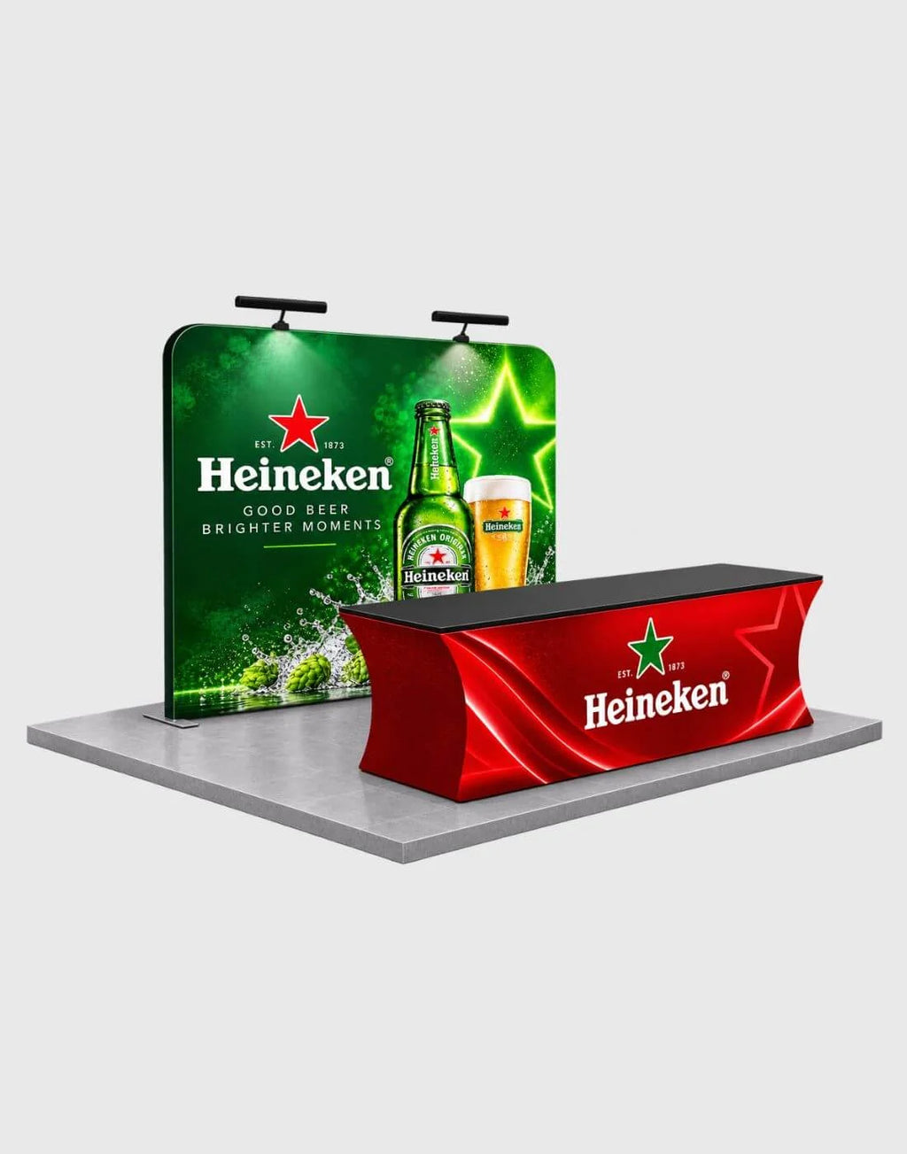 trade show booth with printed table cover
