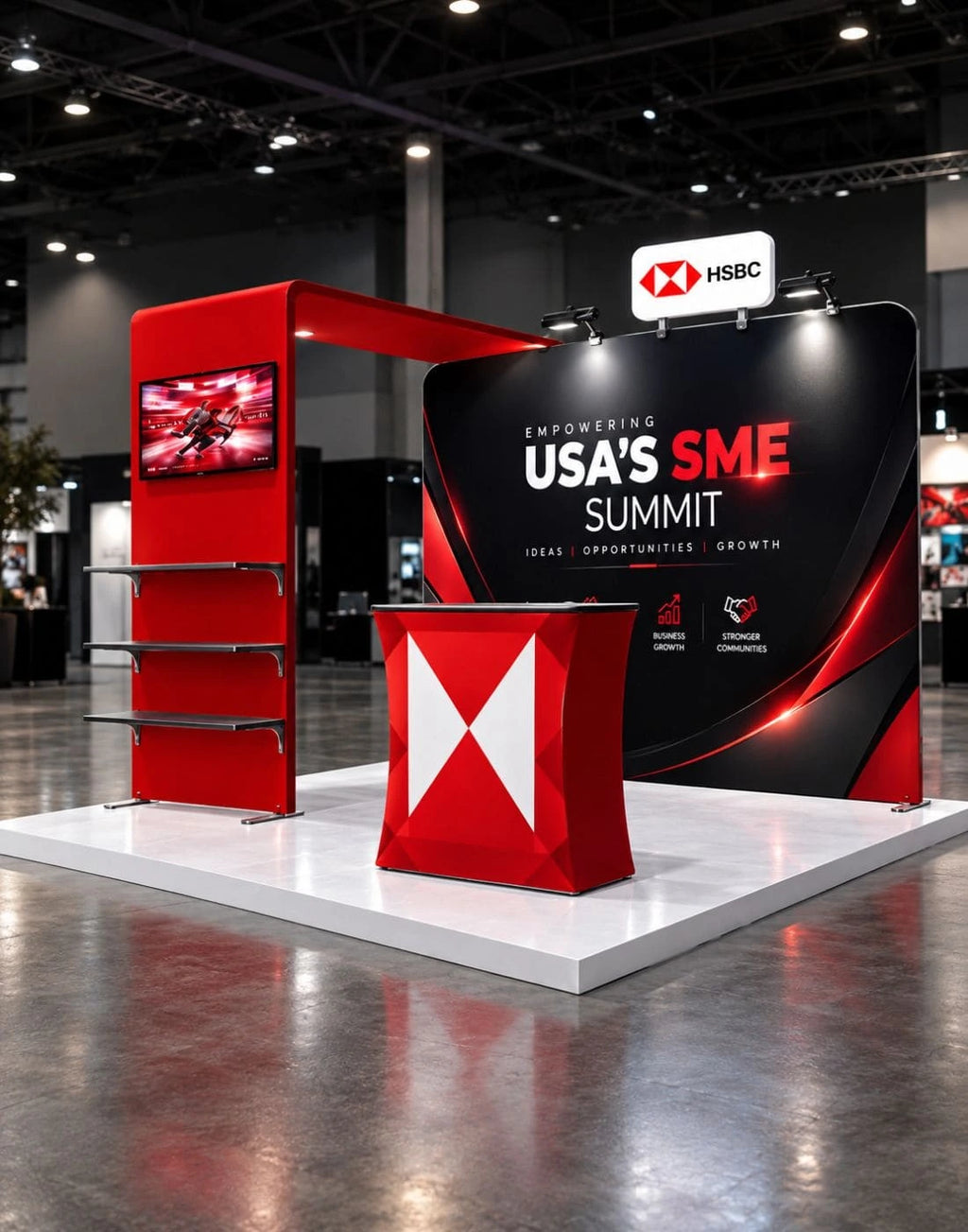 10x10 trade show booth kit with L-Shape TV mount with shelf tower and counter