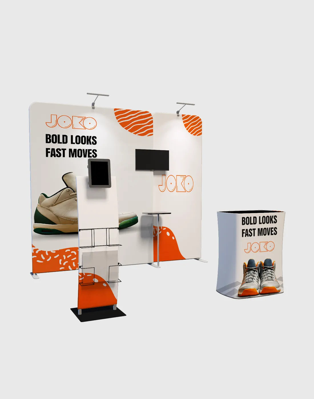 10x10 trade show booth tube display with fabric graphics counter lights and TV mount