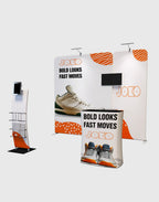 10x10 trade show booth tube display with fabric graphics counter lights and TV mount