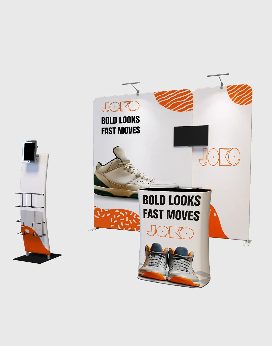 10x10 trade show booth tube display with fabric graphics counter lights and TV mount