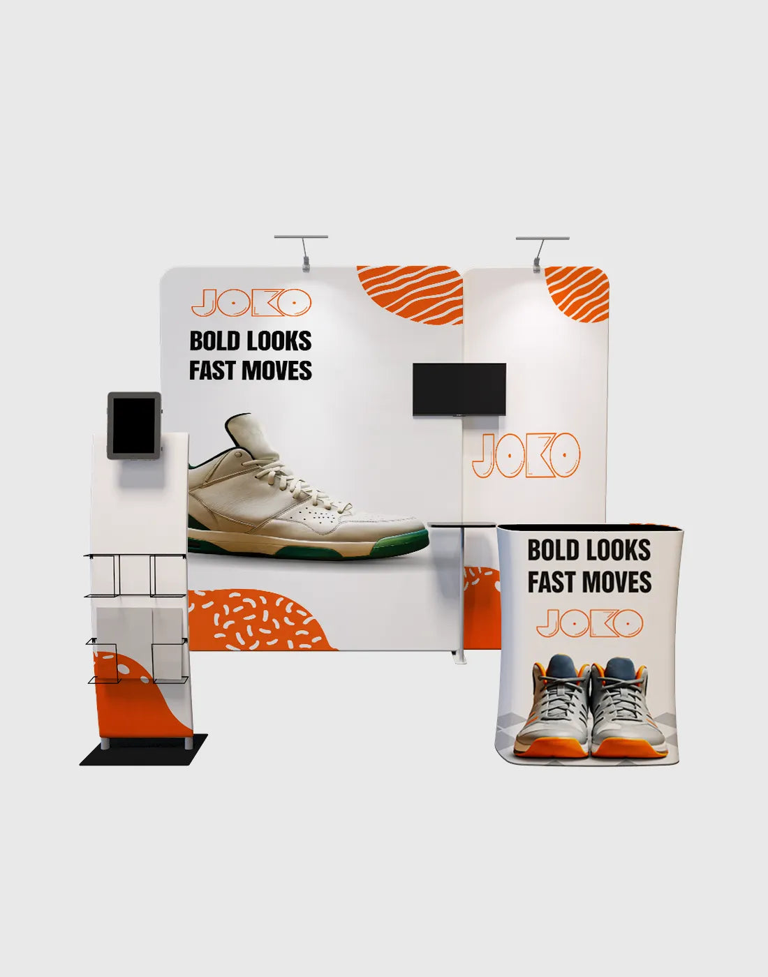 10x10 trade show booth tube display with fabric graphics counter lights and TV mount