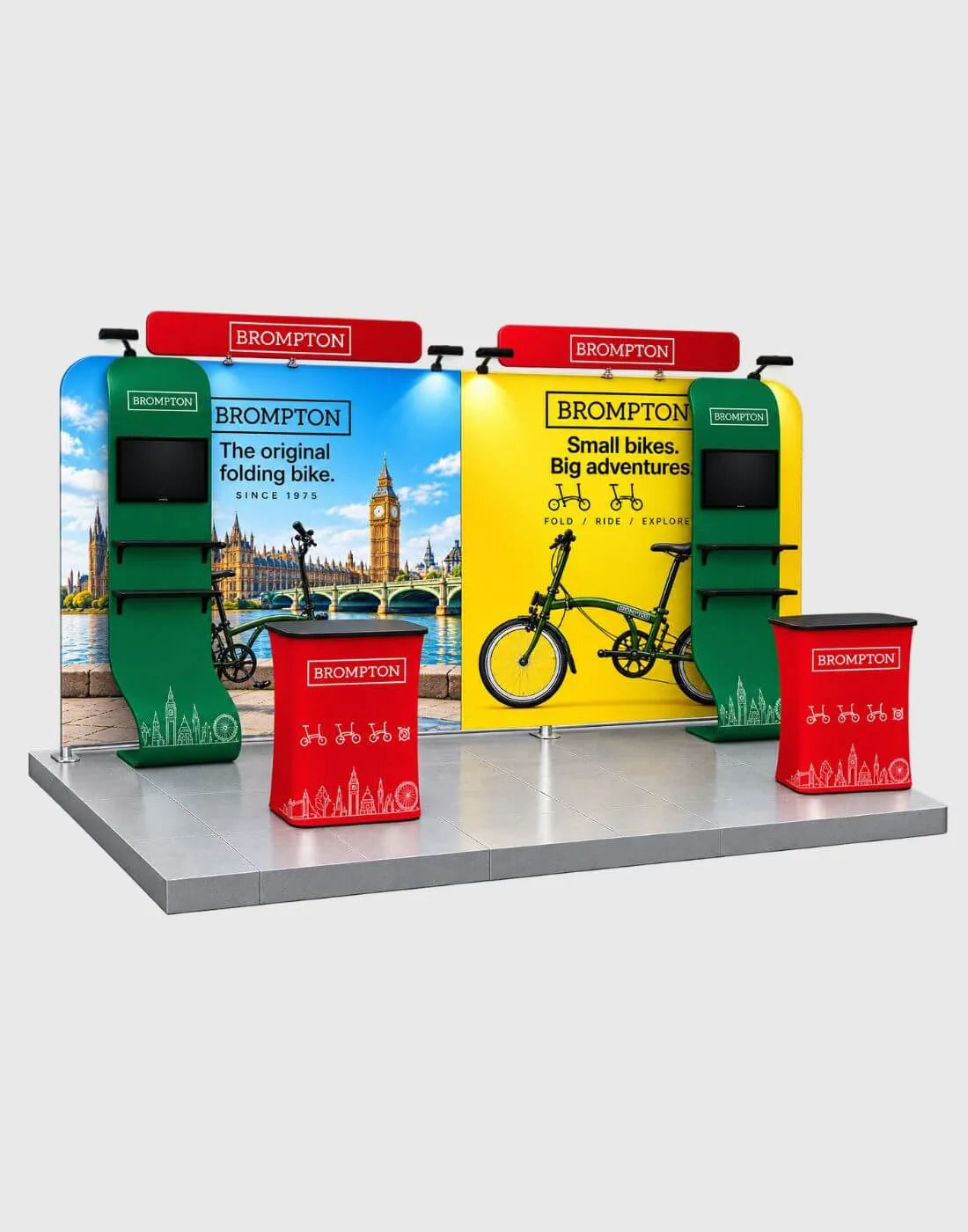 16ft branded exhibition backwall with display counters