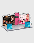 10x20 trade show booth with waterfall TV display shelves