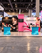 10x20 exhibition booth kit with waterfall TV shelves and counters