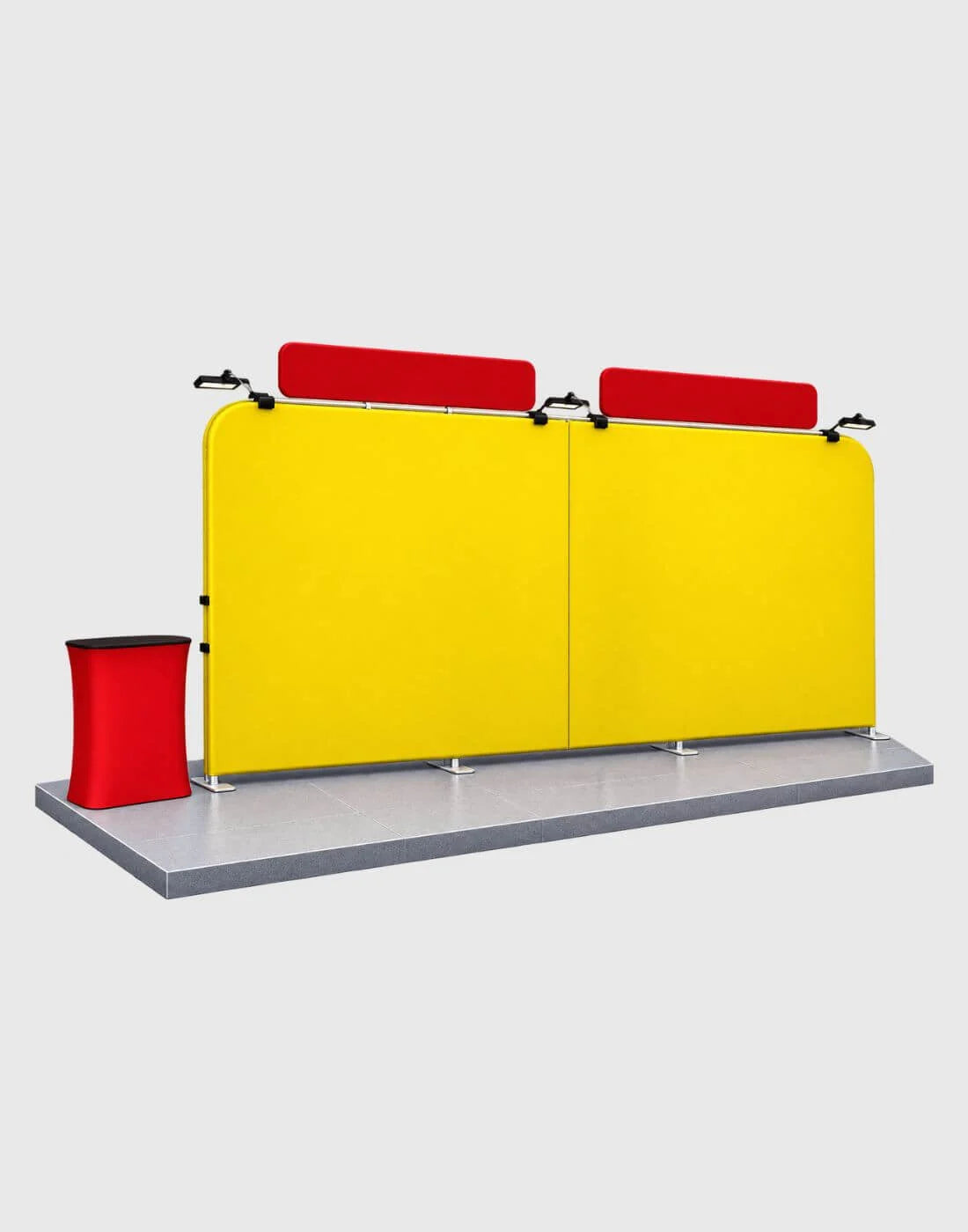 10x20 fabric backwall booth with a curved TV display structure