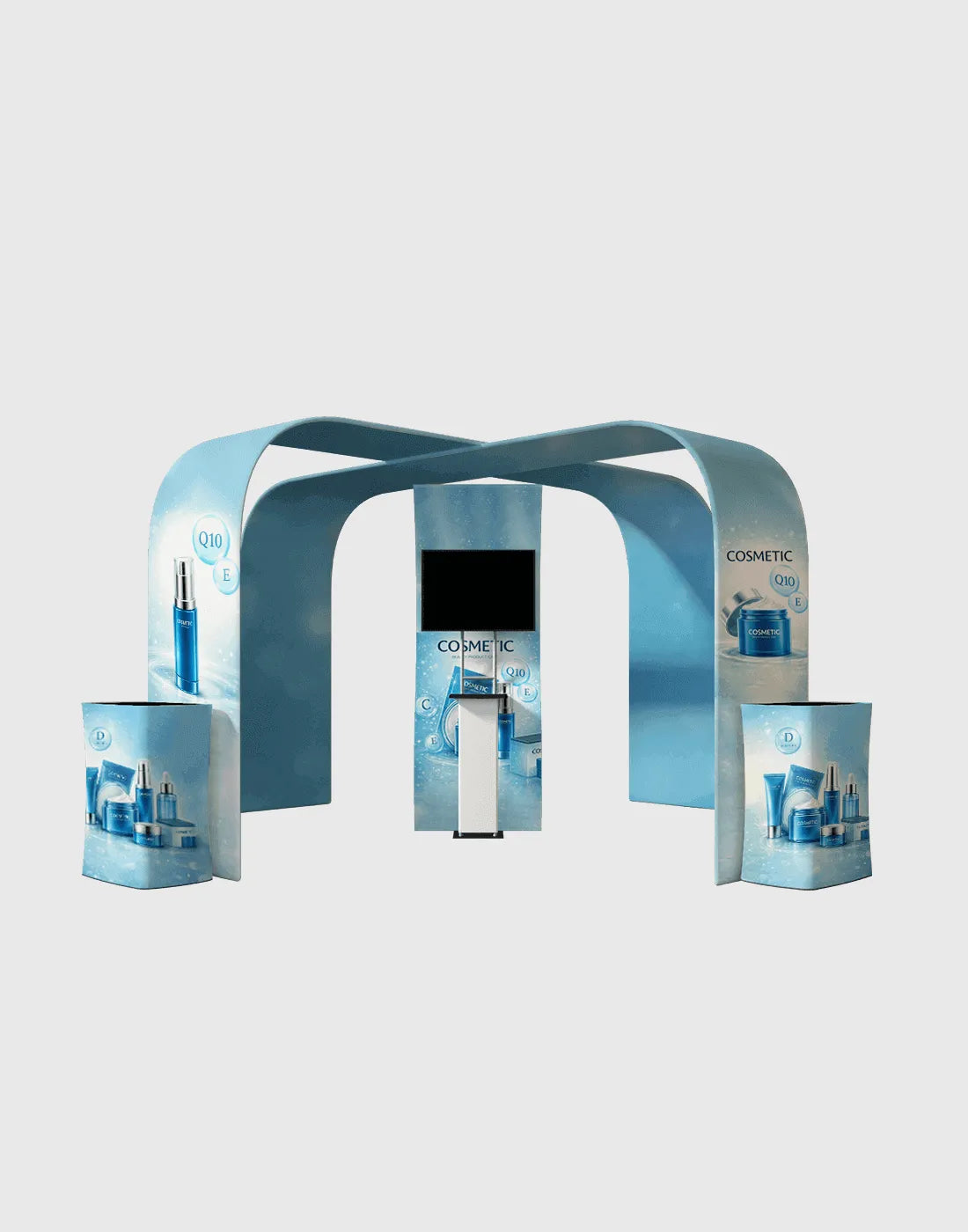 20x20 custom exhibit booth with S shape fabric wall square arches TV mount and counters