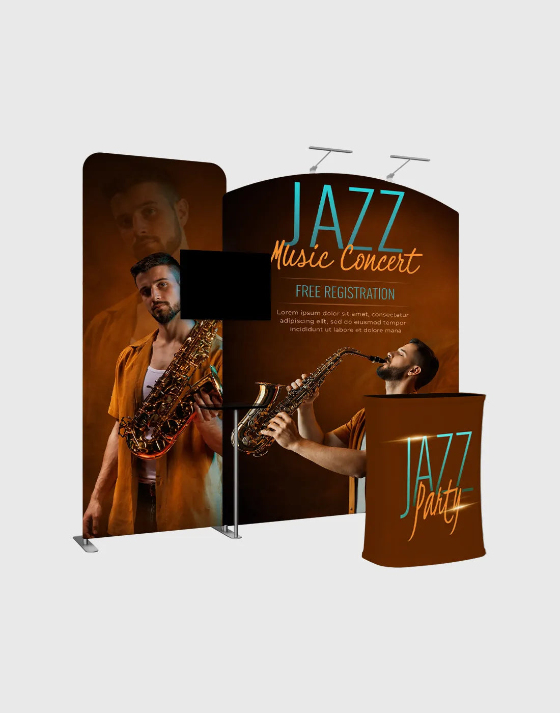 custom trade show booth curved tube frame display with branded fabric graphics counter and media area