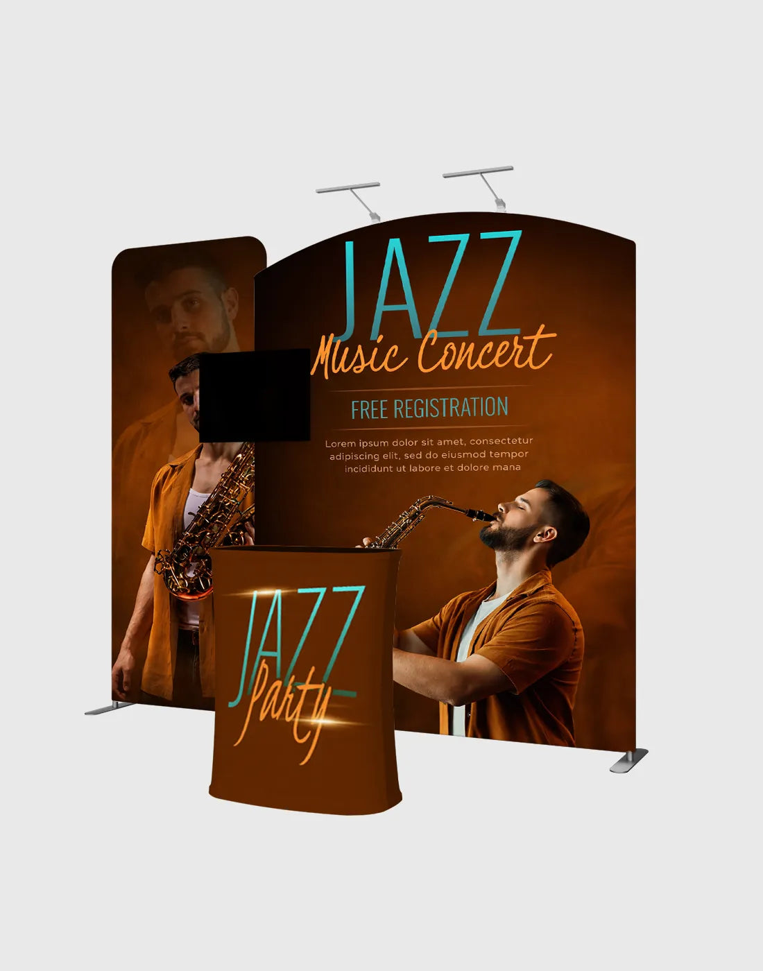 custom trade show booth curved tube frame display with branded fabric graphics counter and media area