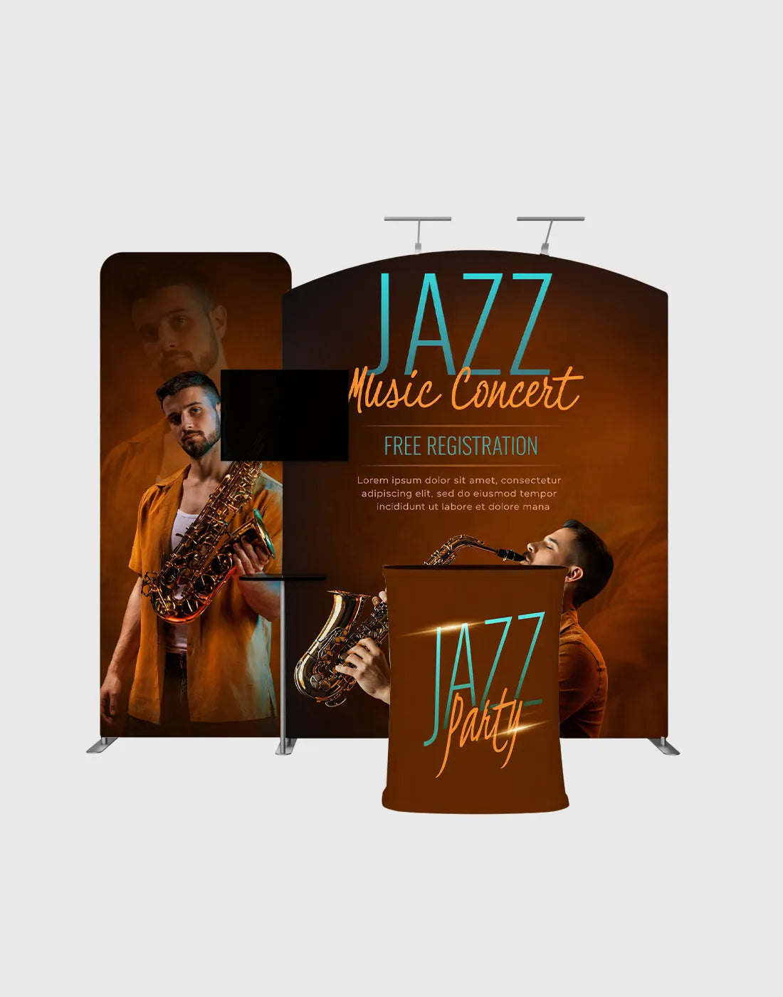 custom trade show booth curved tube frame display with branded fabric graphics counter and media area