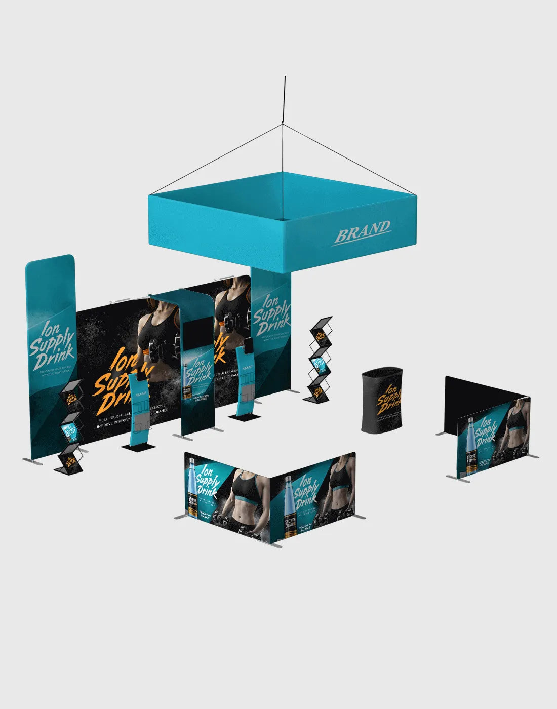 20x20 exhibition display booth, modular tension walls, hanging banner arches, counters