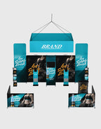 20x20 exhibition display booth, modular tension walls, hanging banner arches, counters