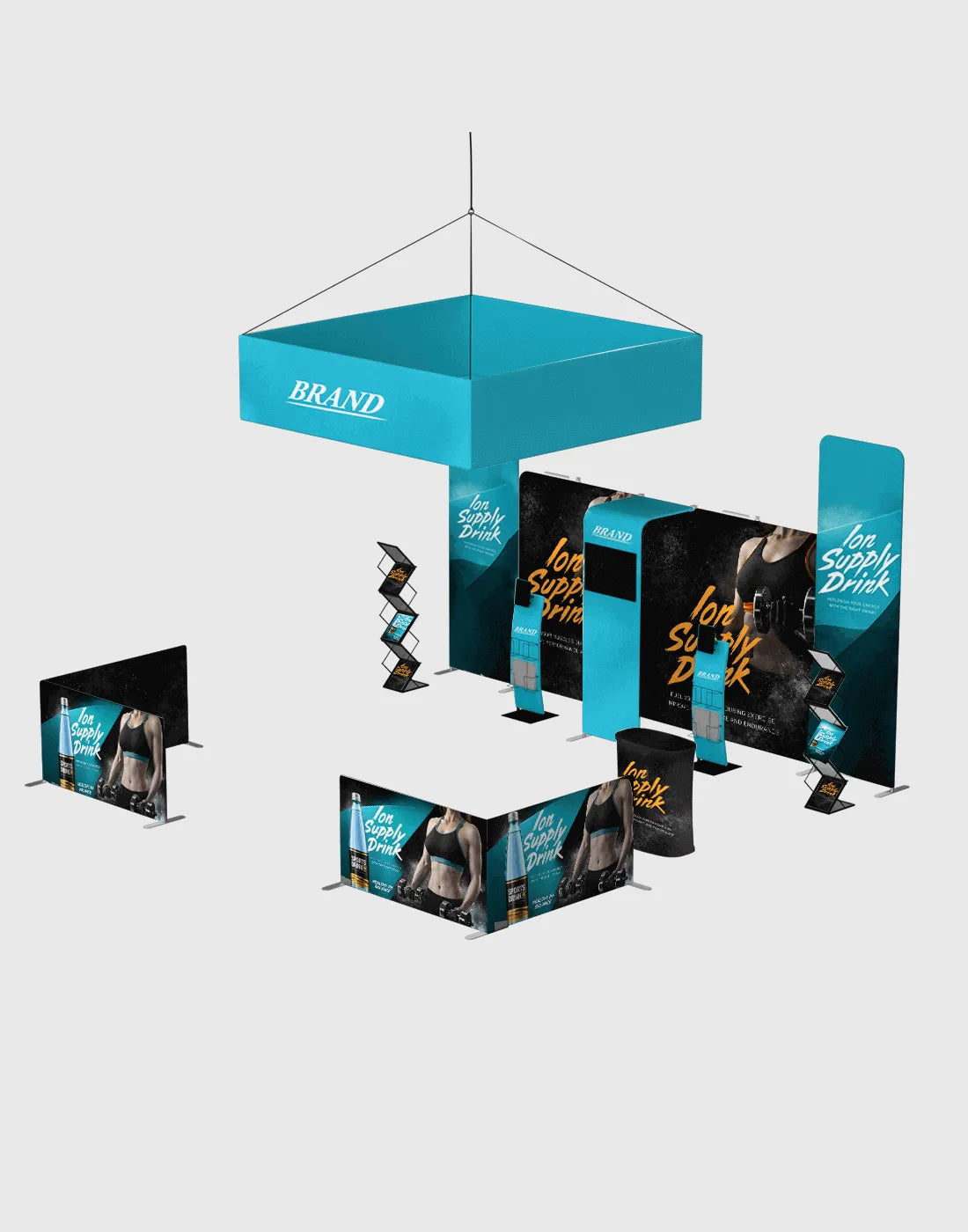 20x20 exhibition display booth, modular tension walls, hanging banner arches, counters