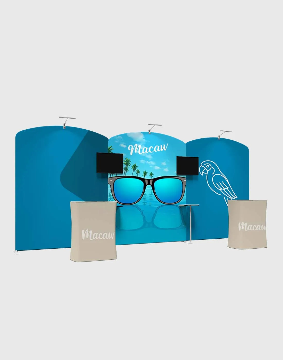 10x20 fabric trade show display tube frame booth with seamless tension fabric backdrop and counters