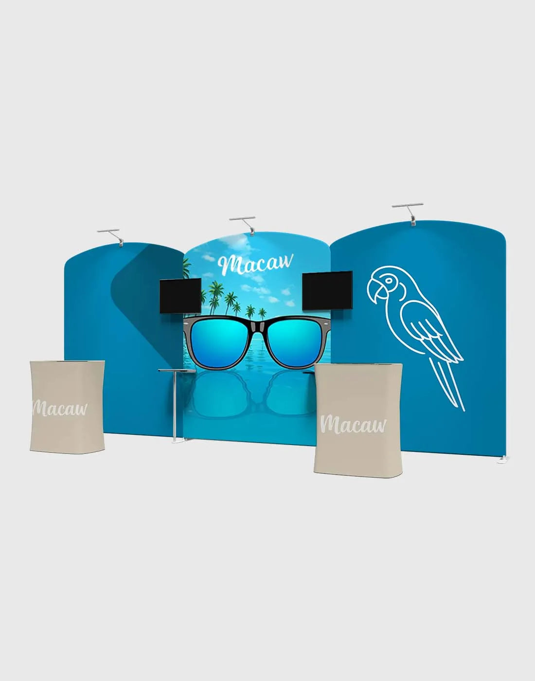 10x20 fabric trade show display tube frame booth with seamless tension fabric backdrop and counters