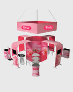 Island trade show booth, modular aluminum frame display with fabric graphics, arches, and counters