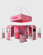 Island trade show booth, modular aluminum frame display with fabric graphics, arches, and counters