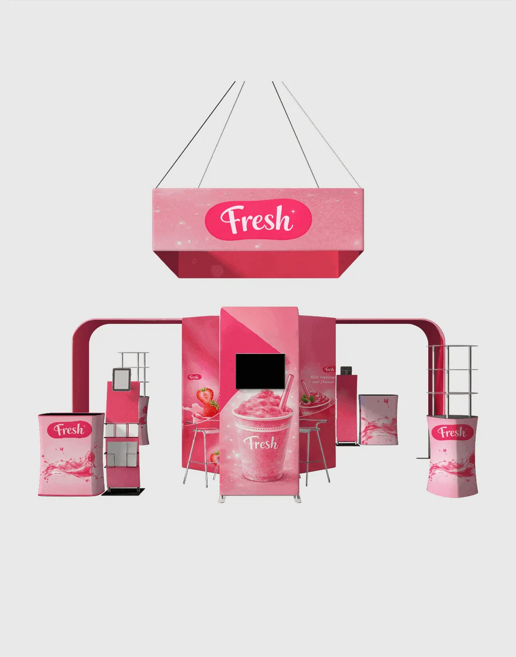 Island trade show booth, modular aluminum frame display with fabric graphics, arches, and counters