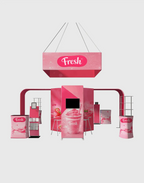 Island trade show booth, modular aluminum frame display with fabric graphics, arches, and counters