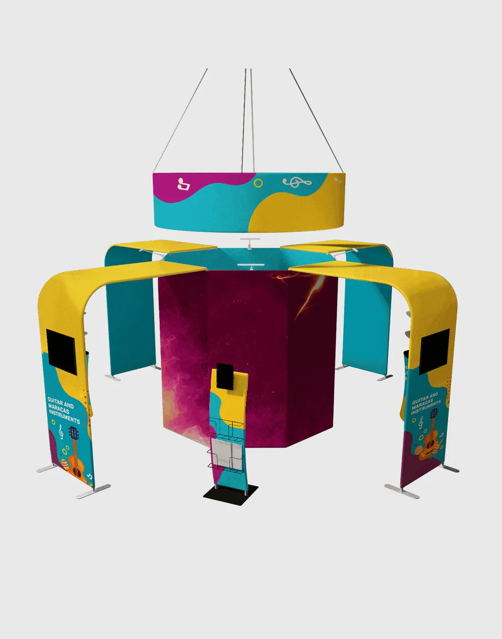 20x20 modular exhibition booth with circle hanging banner, tower display arches, and counters