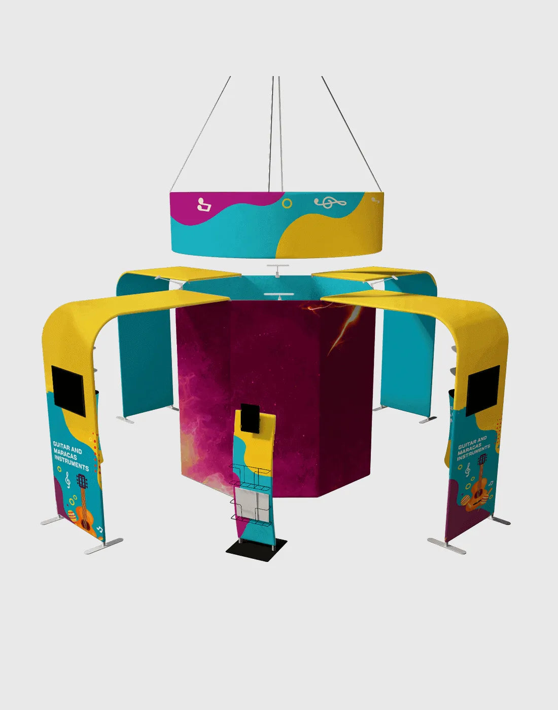 20x20 modular exhibition booth with circle hanging banner, tower display arches, and counters