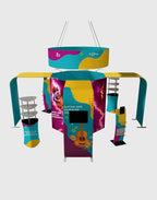 20x20 modular exhibition booth with circle hanging banner, tower display arches, and counters