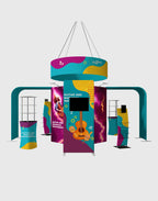 20x20 modular exhibition booth with circle hanging banner, tower display arches, and counters