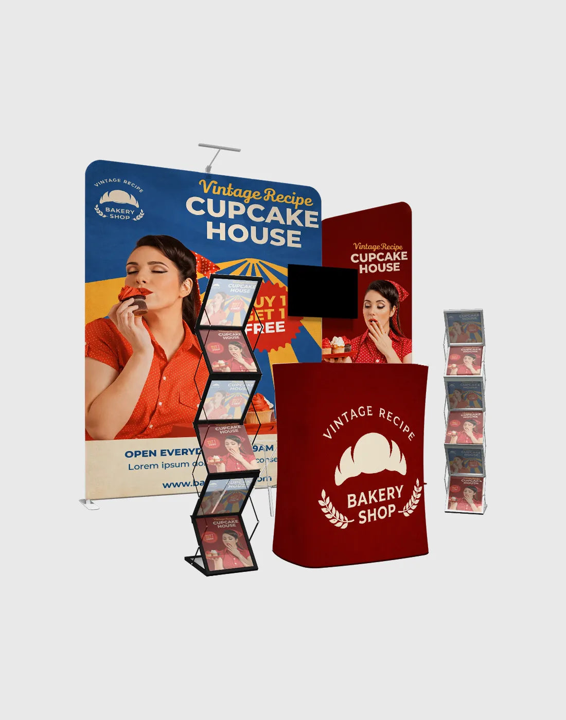 modular trade show booth tube frame display with fabric graphics shelves and media area