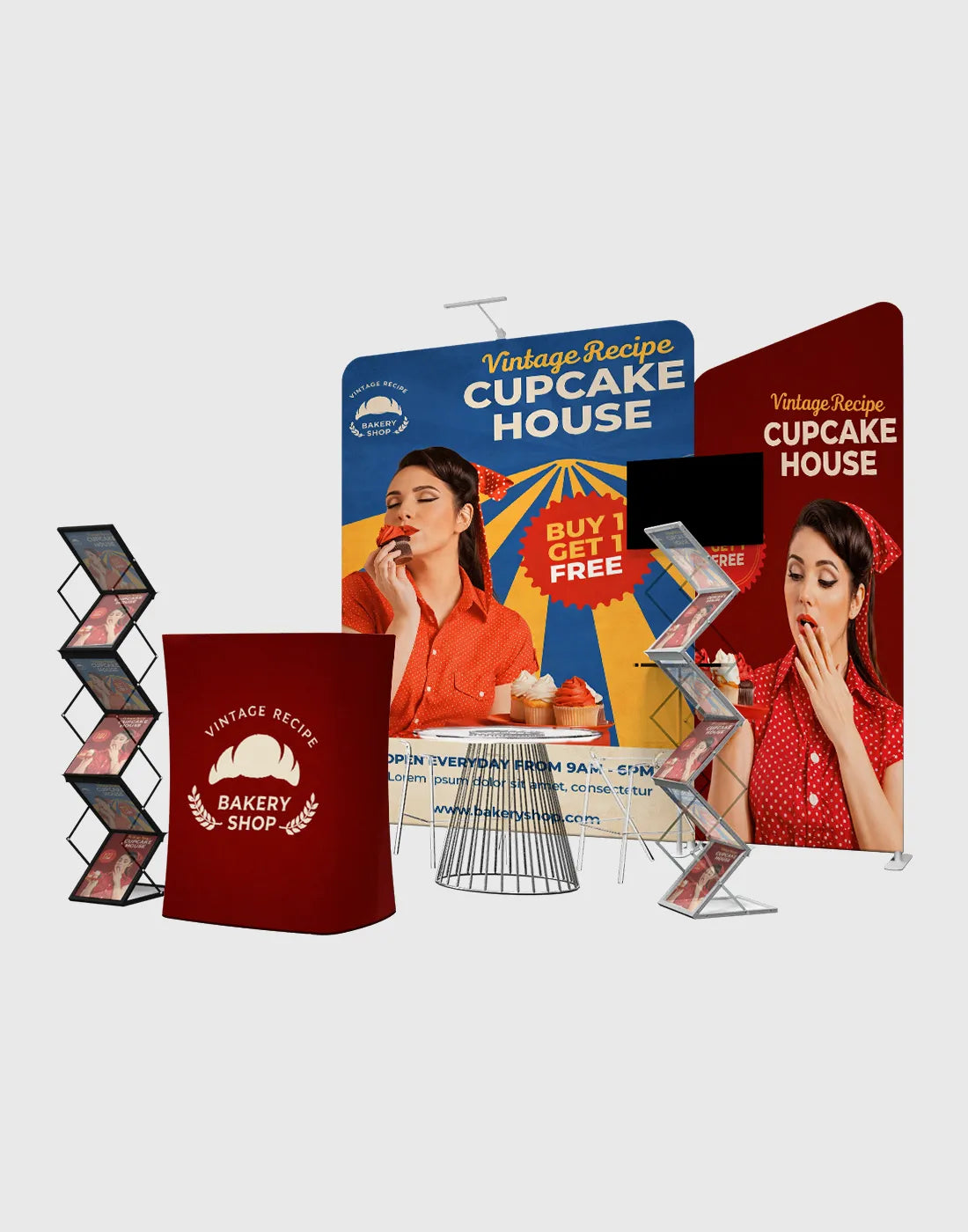 modular trade show booth tube frame display with fabric graphics shelves and media area