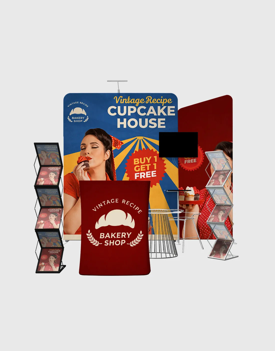 modular trade show booth tube frame display with fabric graphics shelves and media area