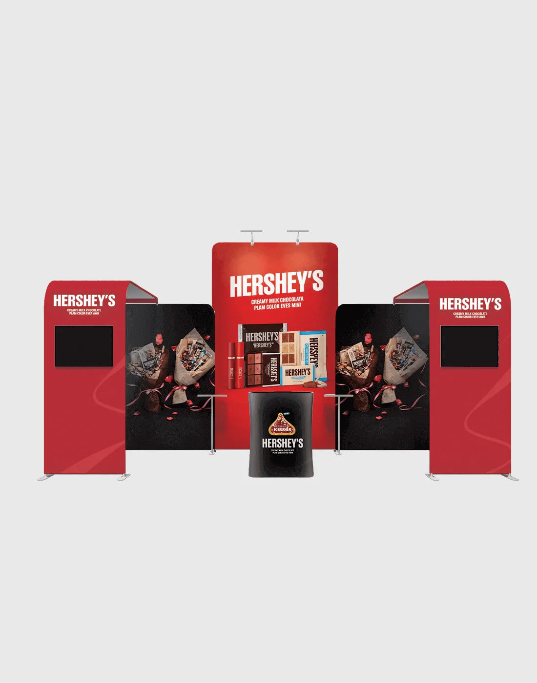 portable exhibit booth, modular aluminum frame display with tension fabric graphics, and display areas