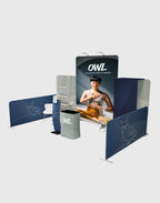 portable exhibit display modular aluminum frame booth with fabric media walls shelving and L arch