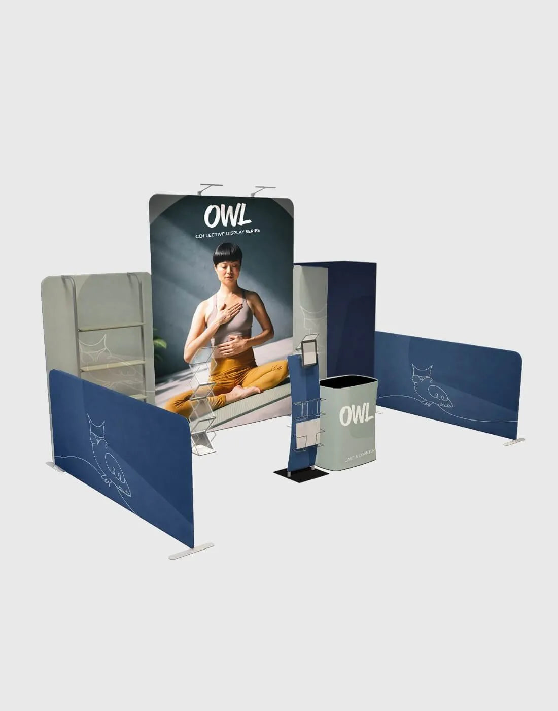 portable exhibit display modular aluminum frame booth with fabric media walls shelving and L arch