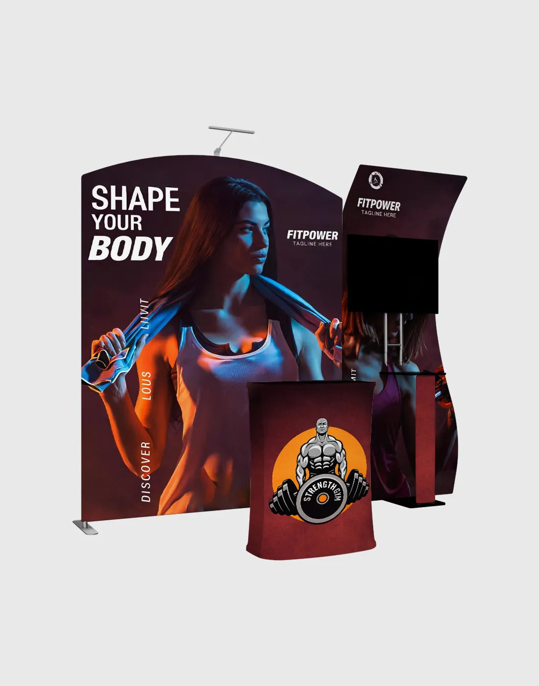 portable trade show booth with S shaped display arch backdrop counter TV mount and LED lights