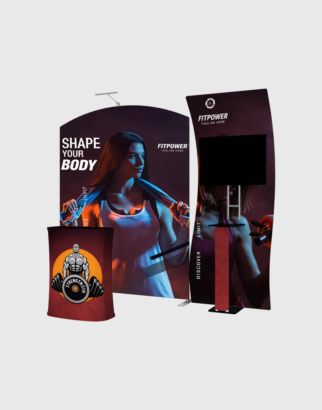 portable trade show booth with S shaped display arch backdrop counter TV mount and LED lights