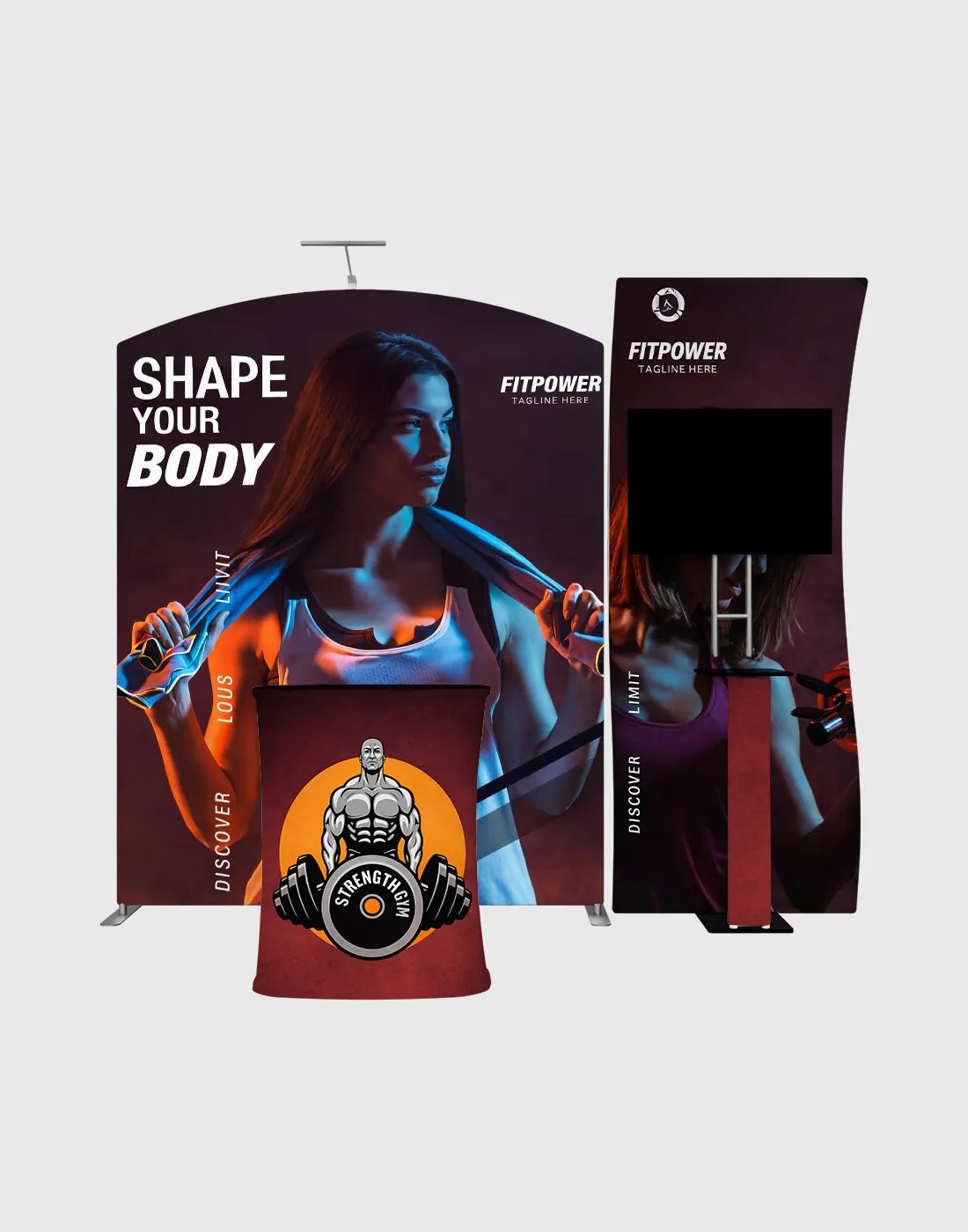 portable trade show booth with S shaped display arch backdrop counter TV mount and LED lights