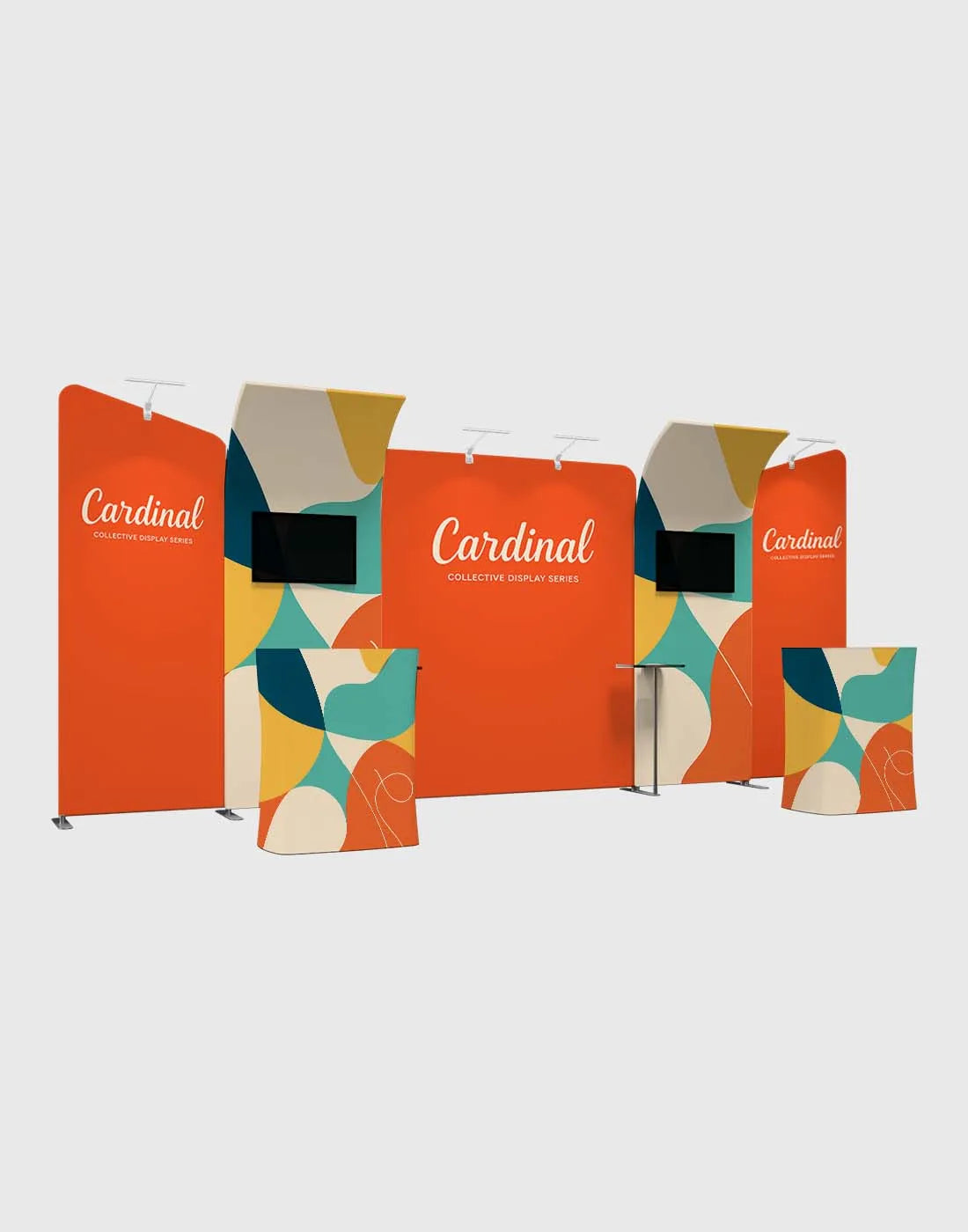 portable trade show booth with S shaped display arch backdrop counter TV mount and LED lights