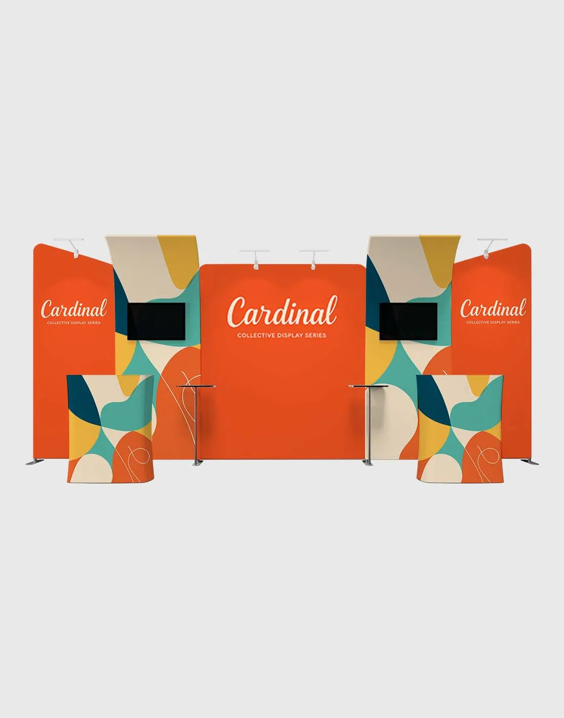 portable trade show booth with S shaped display arch backdrop counter TV mount and LED lights