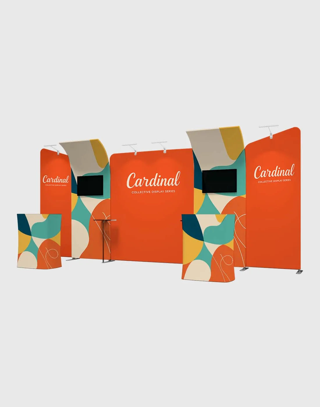 portable trade show booth with S shaped display arch backdrop counter TV mount and LED lights