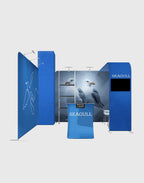 20x20 trade show backdrop, dual tension fabric media walls, tower display arch, and counter