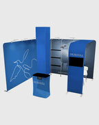 20x20 trade show backdrop, dual tension fabric media walls, tower display arch, and counter