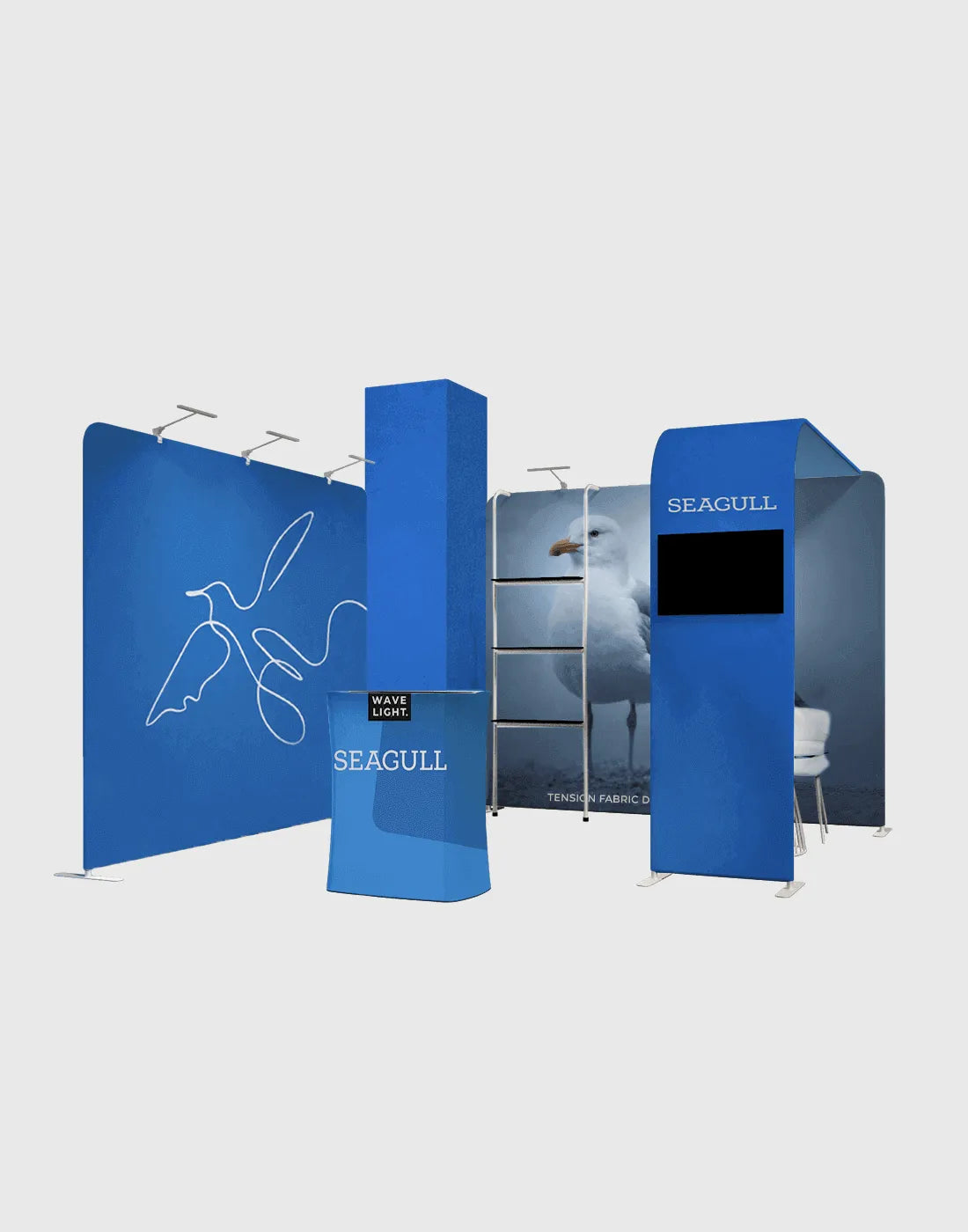 20x20 trade show backdrop, dual tension fabric media walls, tower display arch, and counter