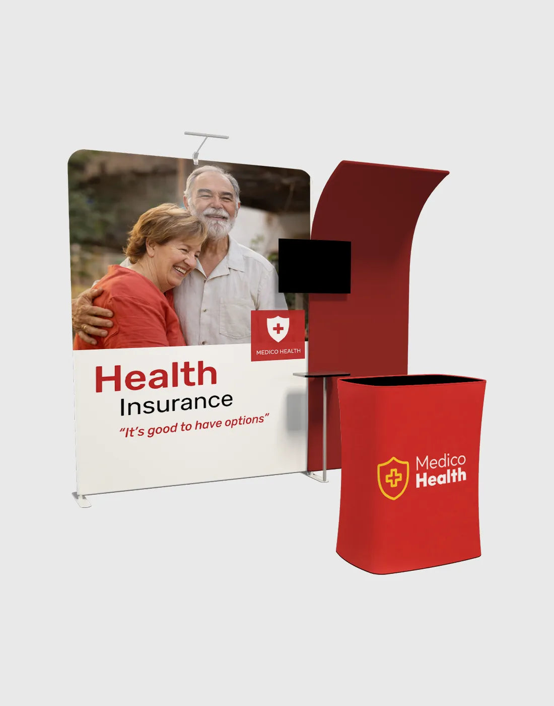 trade show booth display tube frame structure with tension fabric graphics counters and media zones