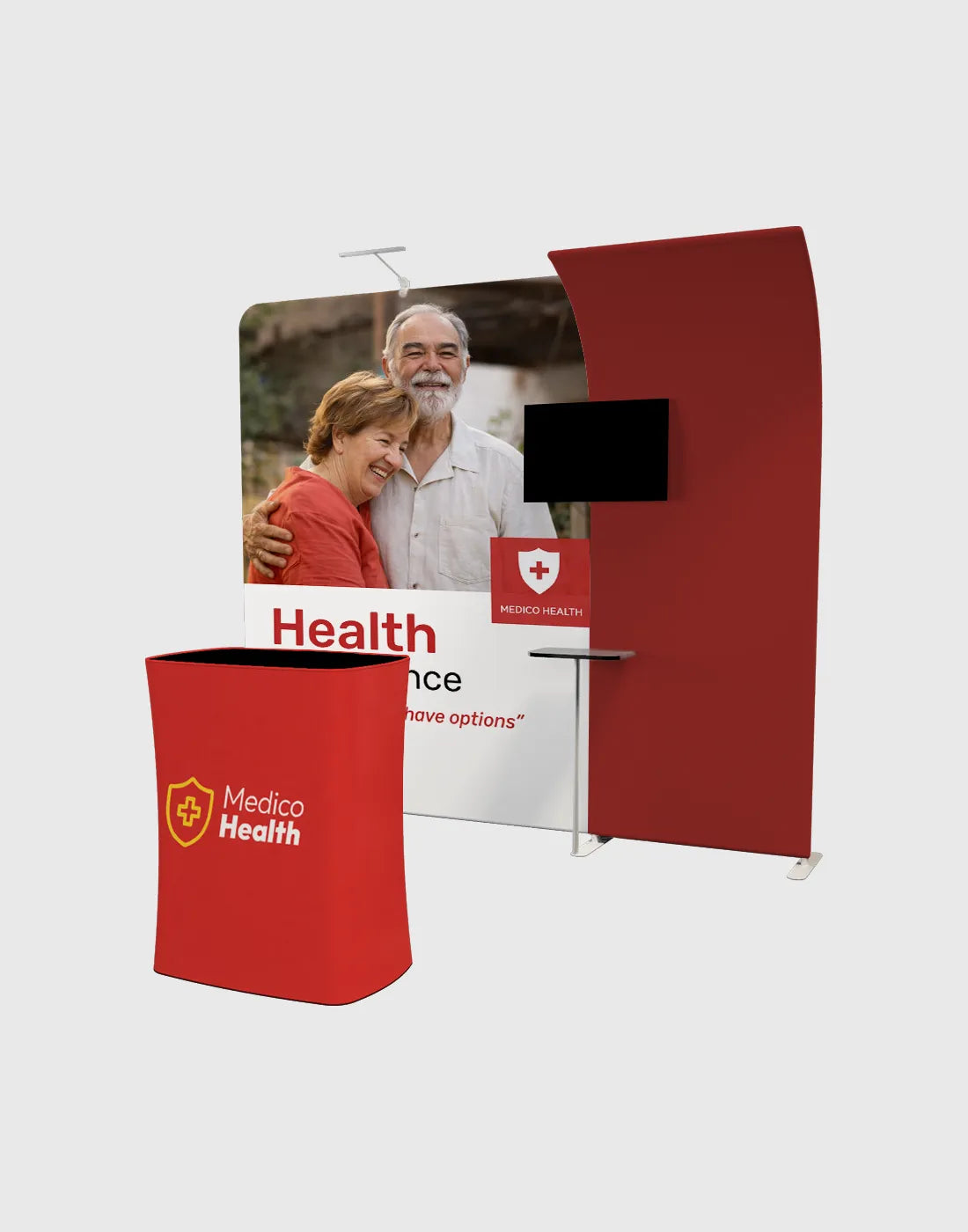 trade show booth display tube frame structure with tension fabric graphics counters and media zones