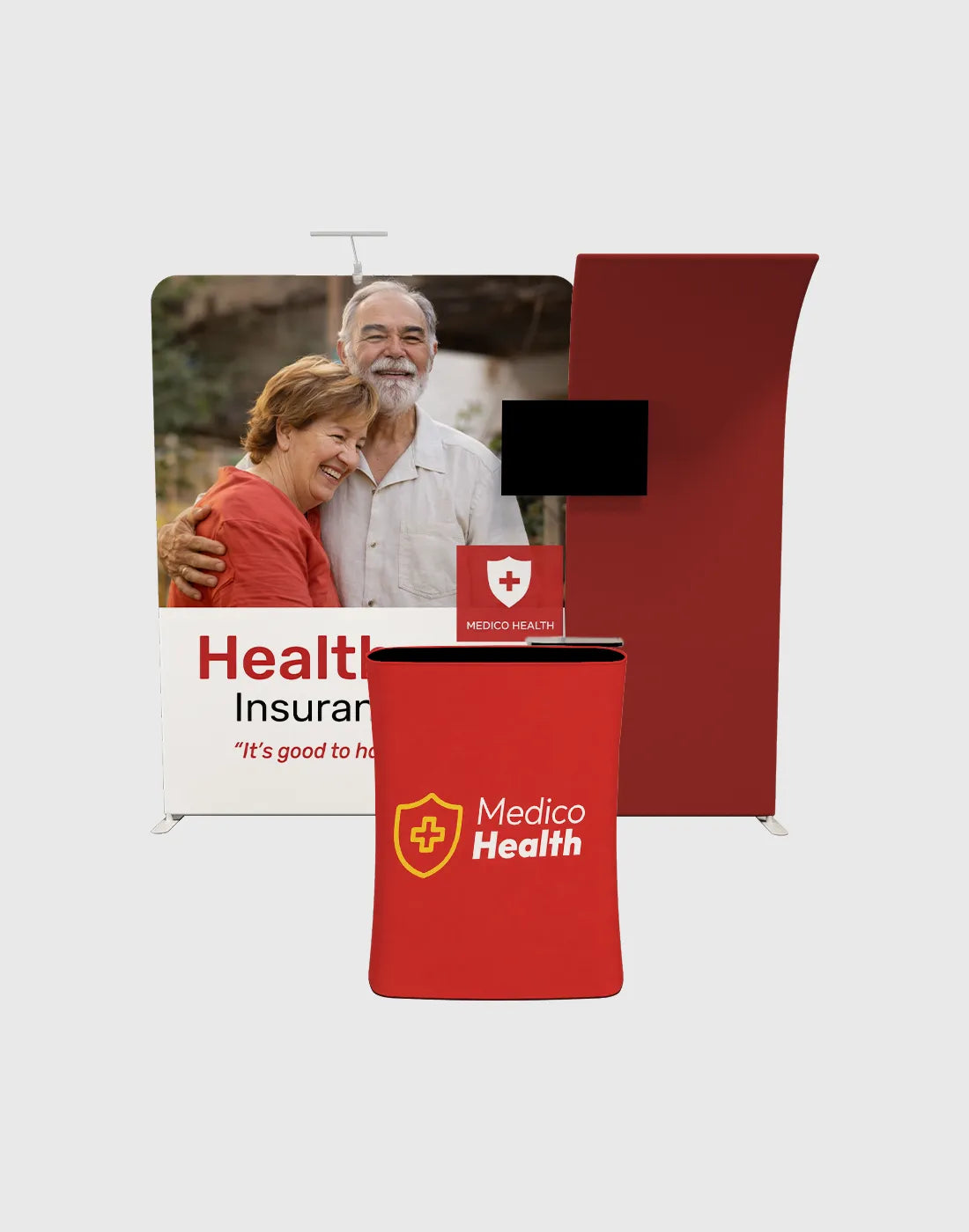 trade show booth display tube frame structure with tension fabric graphics counters and media zones